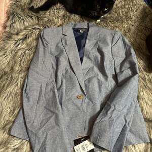 Kasper Blue Demin Blazer Womens 12 Lined Pockets 1 Button Collared Cuffed Jacket